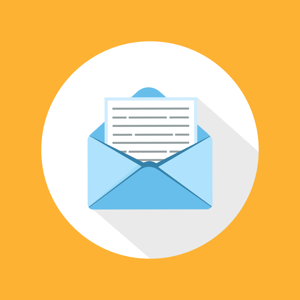 Blue envelope with message in flat style on white with orange background